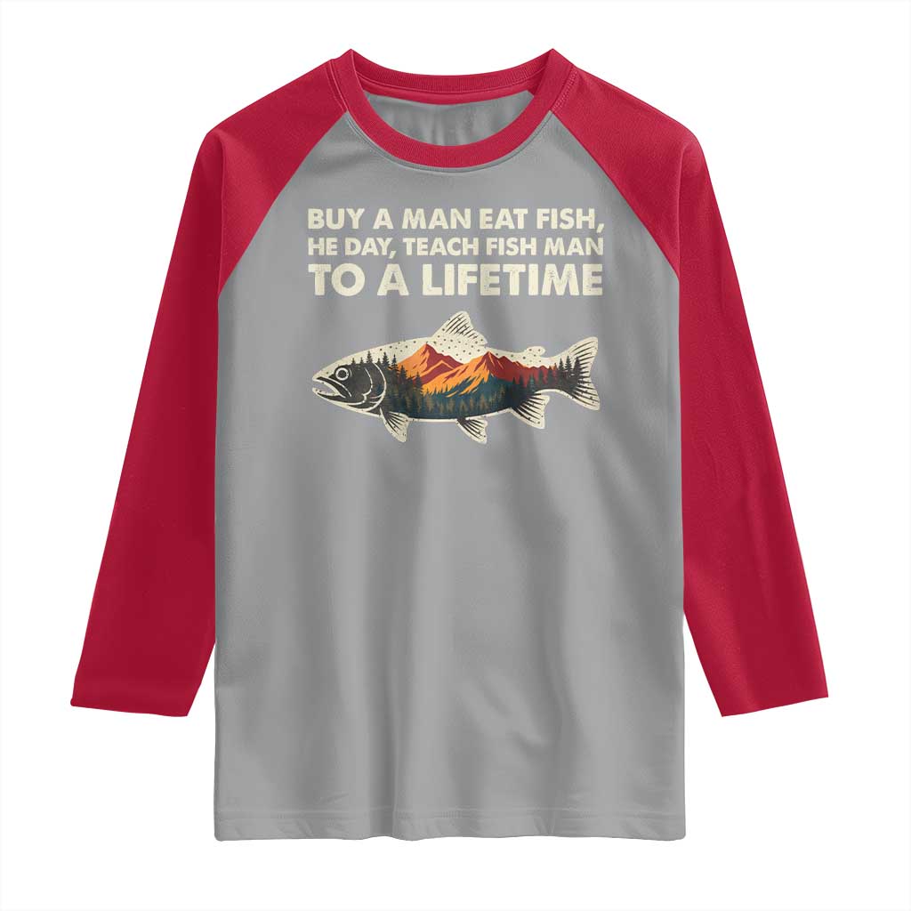 Funny Fishing Meme Raglan Shirt Vintage Buy A Man Eat Fish Inappropriate - Wonder Print Shop