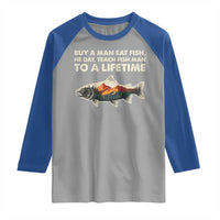 Funny Fishing Meme Raglan Shirt Vintage Buy A Man Eat Fish Inappropriate - Wonder Print Shop