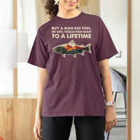 Funny Fishing Meme T Shirt For Women Vintage Buy A Man Eat Fish Inappropriate - Wonder Print Shop