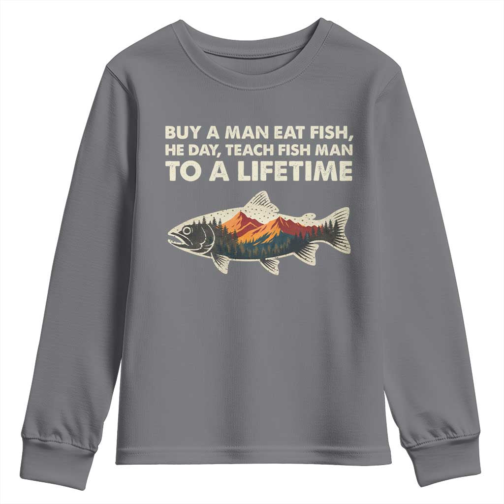 Funny Fishing Meme Youth Sweatshirt Vintage Buy A Man Eat Fish Inappropriate - Wonder Print Shop