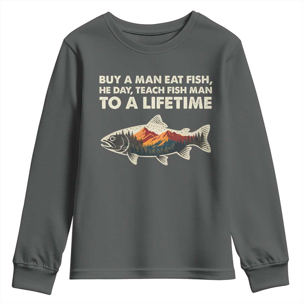 Funny Fishing Meme Youth Sweatshirt Vintage Buy A Man Eat Fish Inappropriate - Wonder Print Shop