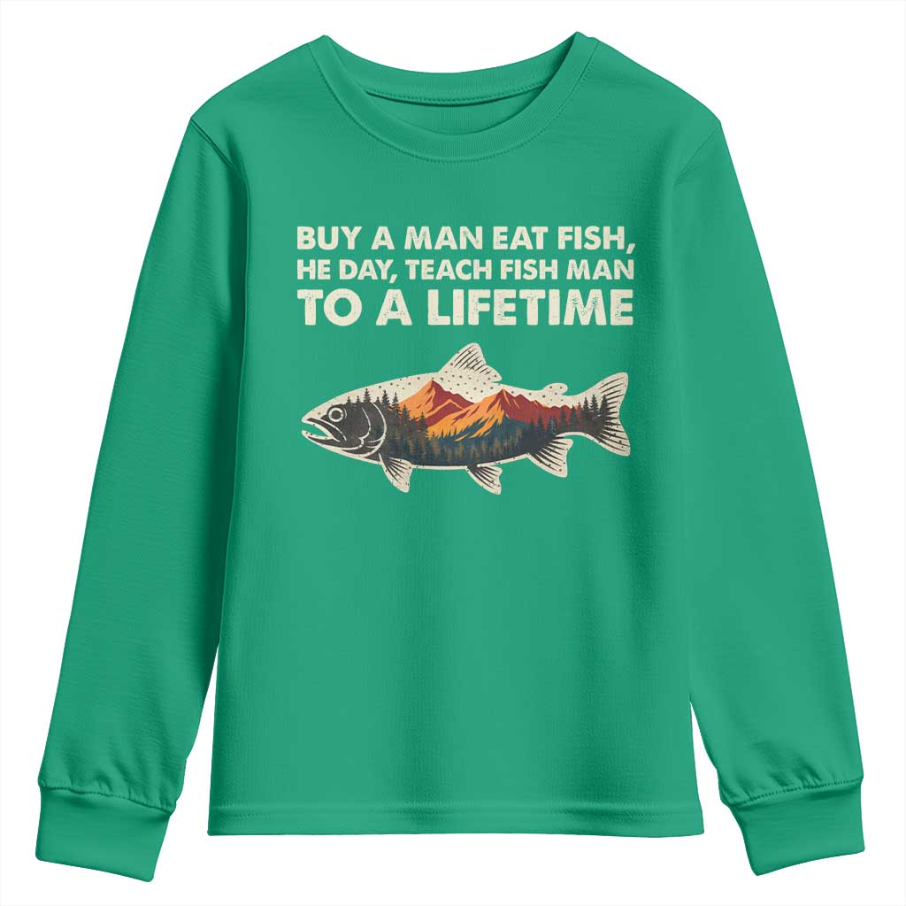 Funny Fishing Meme Youth Sweatshirt Vintage Buy A Man Eat Fish Inappropriate - Wonder Print Shop