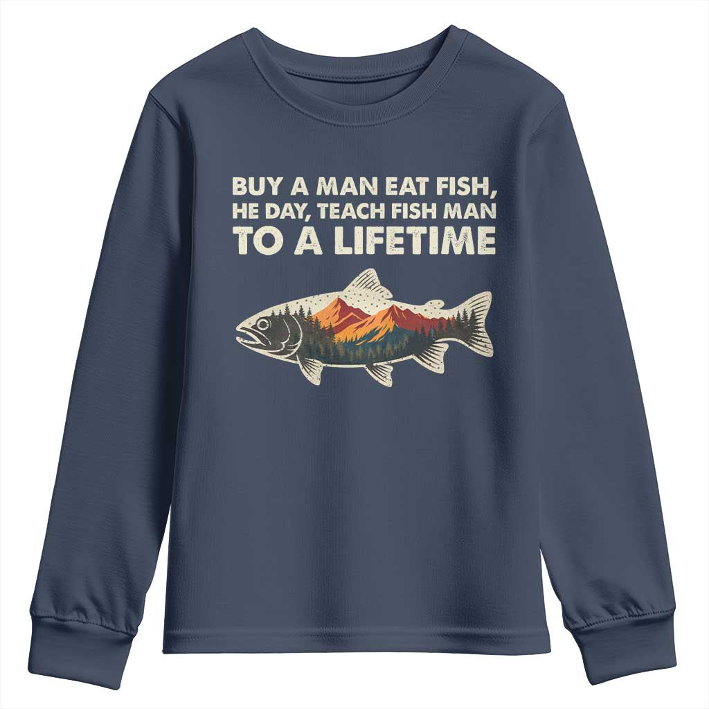 Funny Fishing Meme Youth Sweatshirt Vintage Buy A Man Eat Fish Inappropriate - Wonder Print Shop