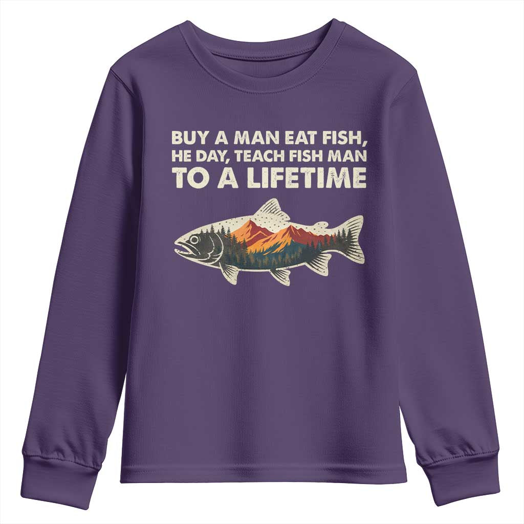 Funny Fishing Meme Youth Sweatshirt Vintage Buy A Man Eat Fish Inappropriate - Wonder Print Shop