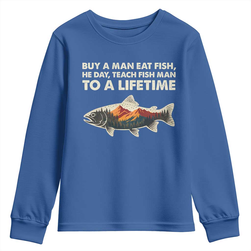 Funny Fishing Meme Youth Sweatshirt Vintage Buy A Man Eat Fish Inappropriate - Wonder Print Shop