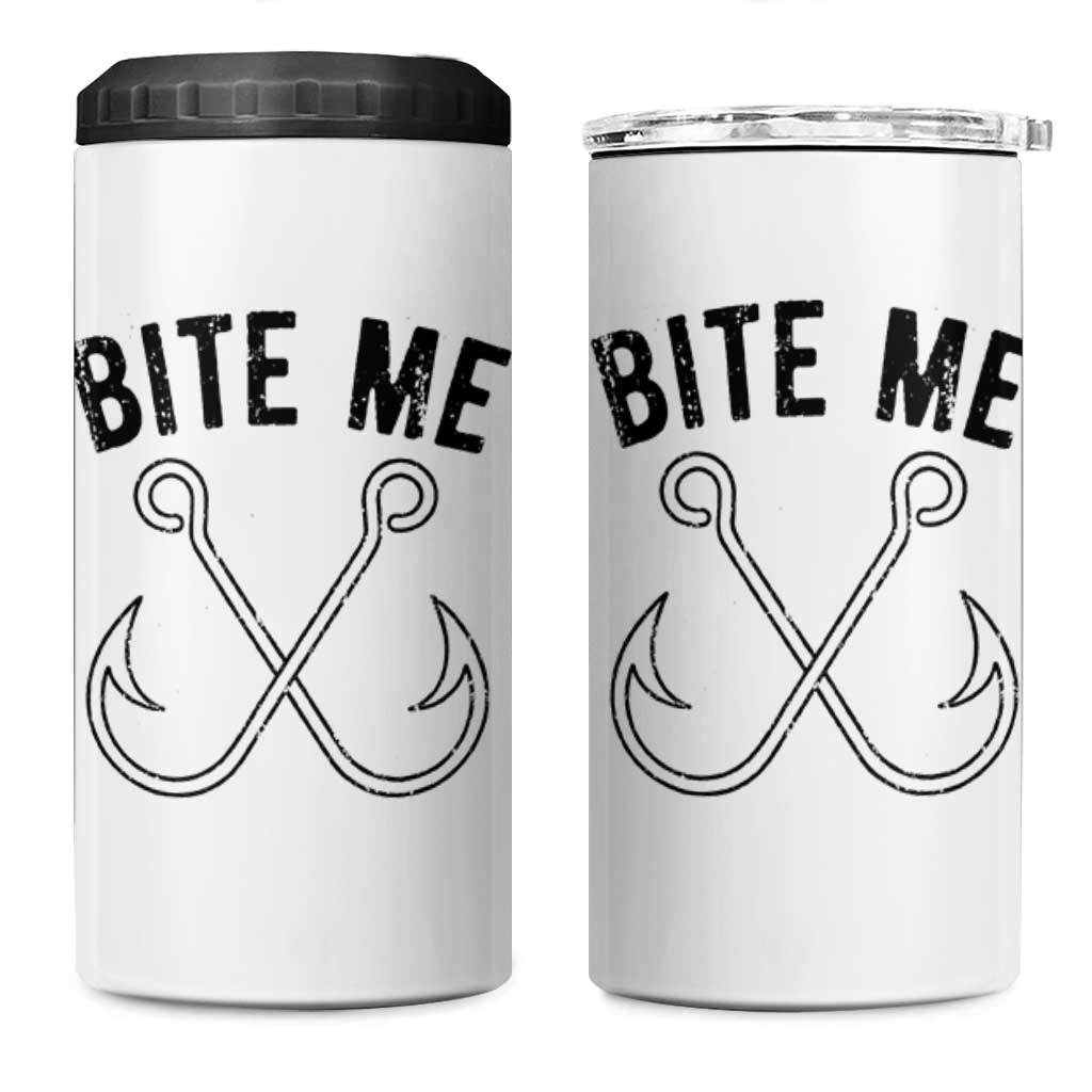 Cool Catchy Angler 4 in 1 Can Cooler Tumbler Retro Bite Me Bass Fishing Fishermen