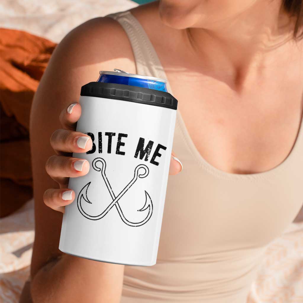 Cool Catchy Angler 4 in 1 Can Cooler Tumbler Retro Bite Me Bass Fishing Fishermen