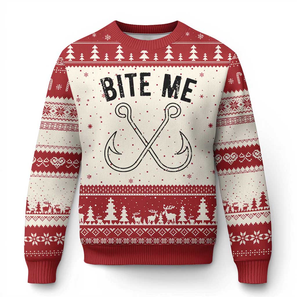 Cool Catchy Angler Ugly Christmas Sweater Retro Bite Me Bass Fishing Fishermen