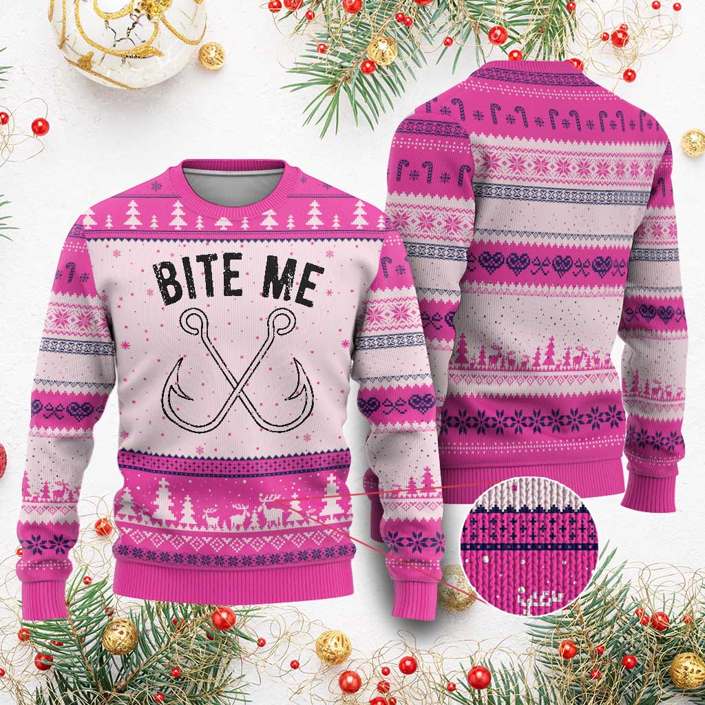 Cool Catchy Angler Ugly Christmas Sweater Retro Bite Me Bass Fishing Fishermen