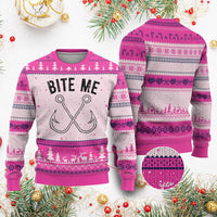 Cool Catchy Angler Ugly Christmas Sweater Retro Bite Me Bass Fishing Fishermen
