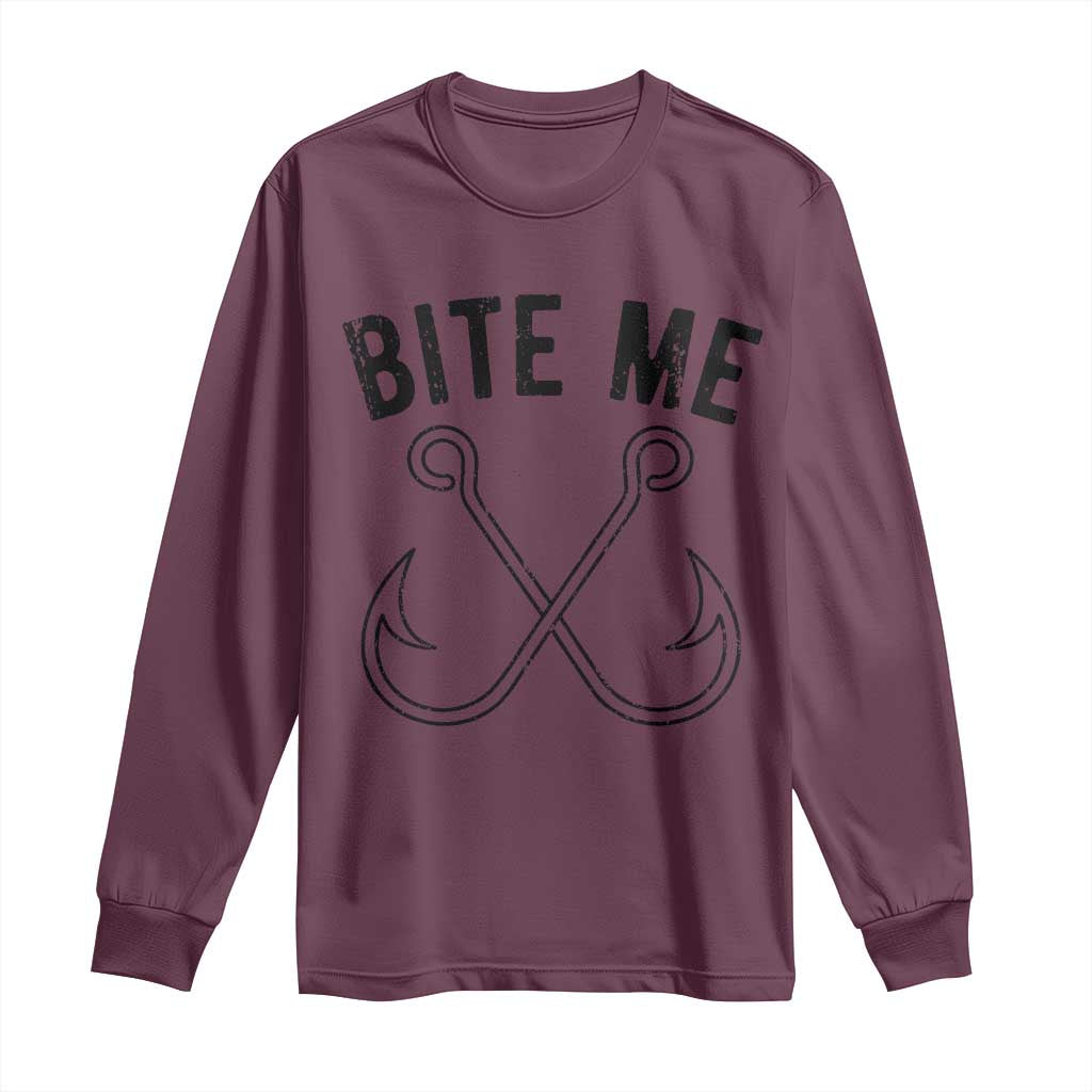 Cool Catchy Angler Long Sleeve Shirt Retro Bite Me Bass Fishing Fishermen