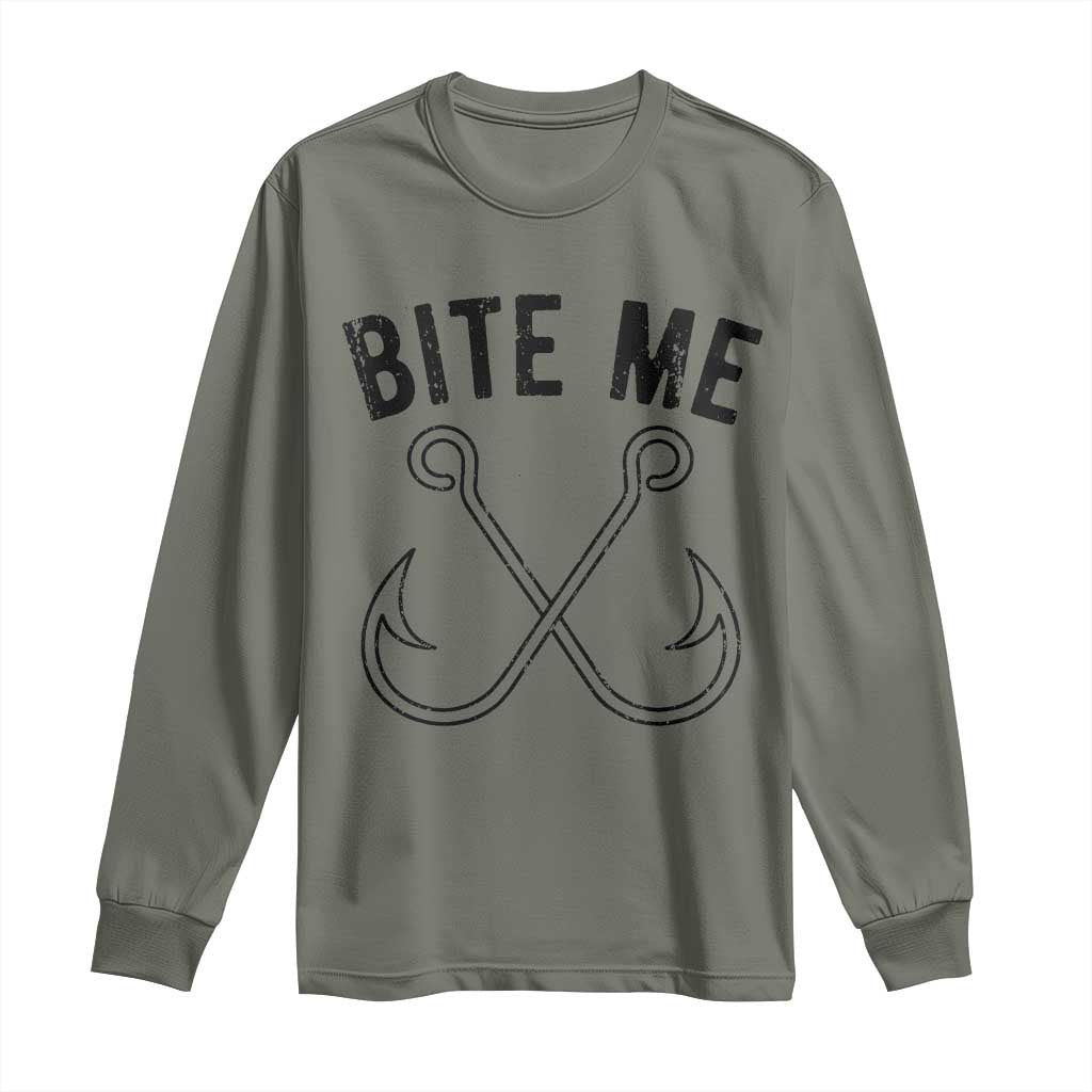 Cool Catchy Angler Long Sleeve Shirt Retro Bite Me Bass Fishing Fishermen
