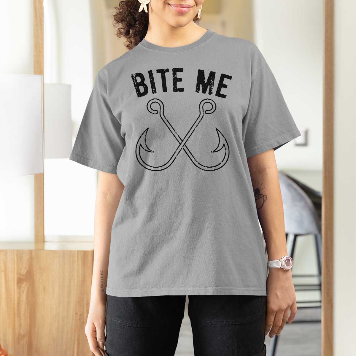 Cool Catchy Angler T Shirt For Women Retro Bite Me Bass Fishing Fishermen
