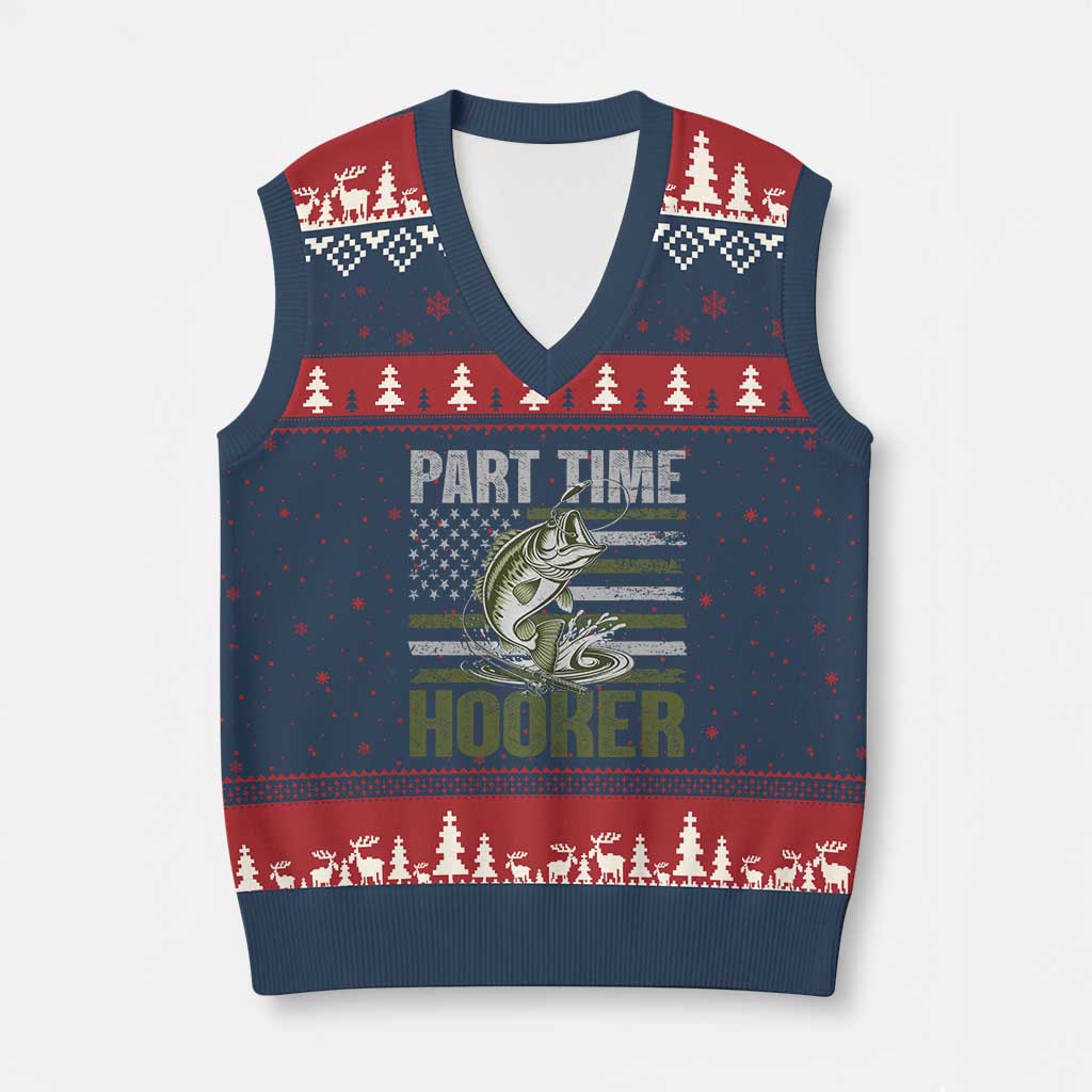 Part Time Hooker V-Neck Knit Sweater Vest Funny Fishing Patriotic US Flag Fisherman