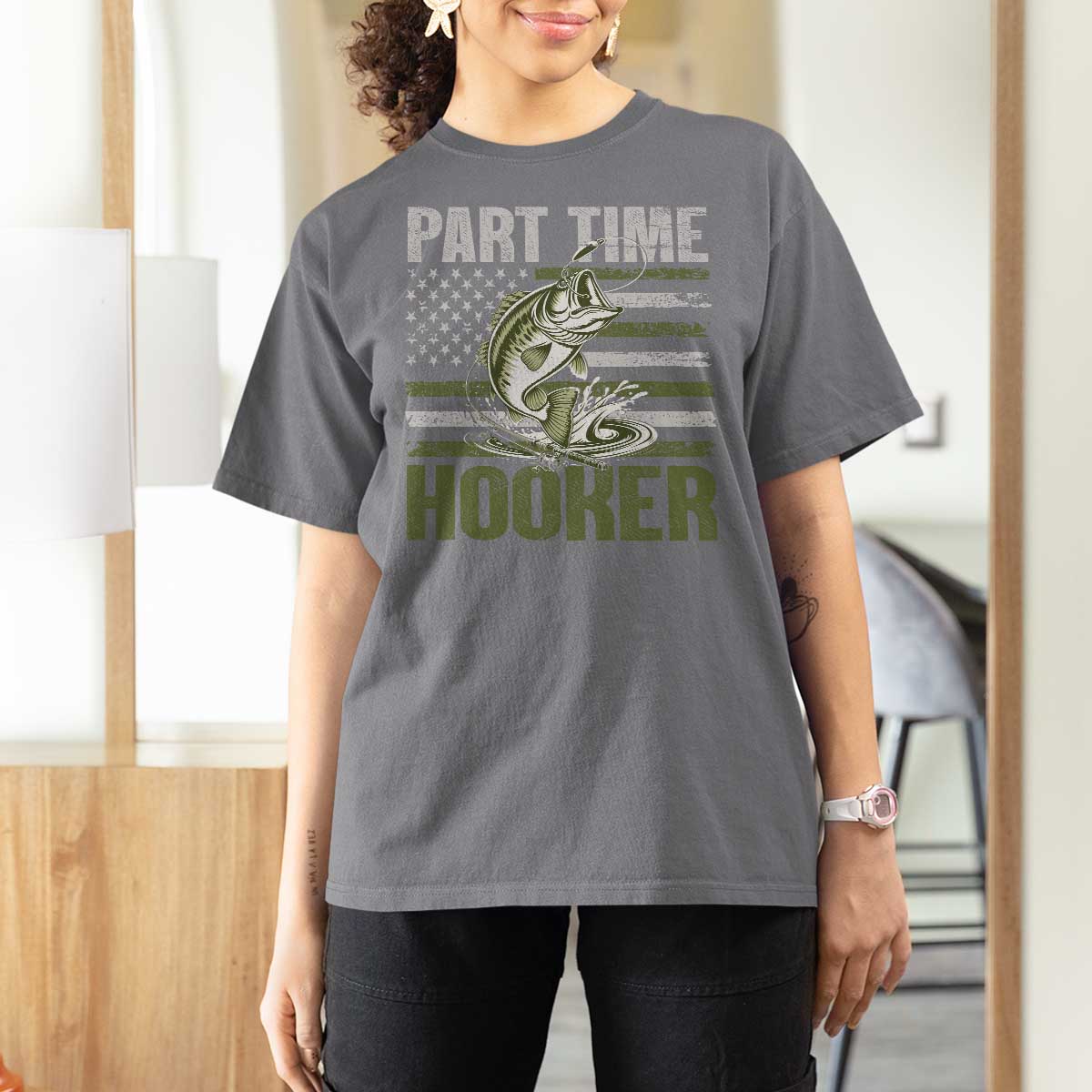 Part Time Hooker T Shirt For Women Funny Fishing Patriotic US Flag Fisherman