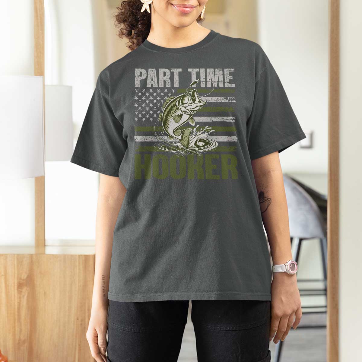 Part Time Hooker T Shirt For Women Funny Fishing Patriotic US Flag Fisherman