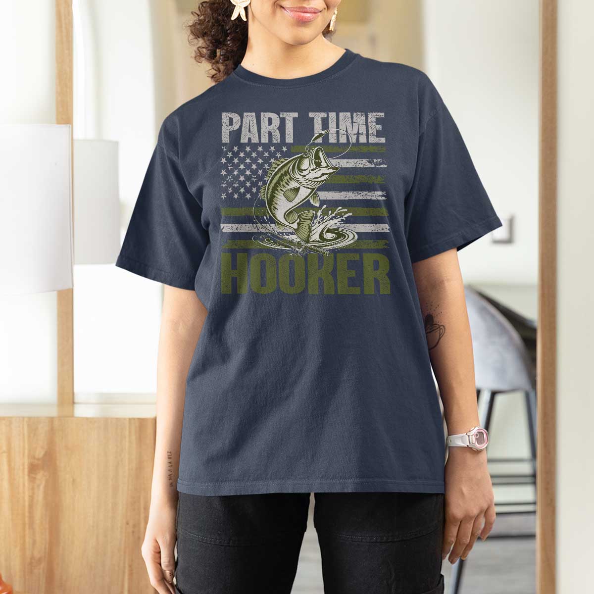 Part Time Hooker T Shirt For Women Funny Fishing Patriotic US Flag Fisherman