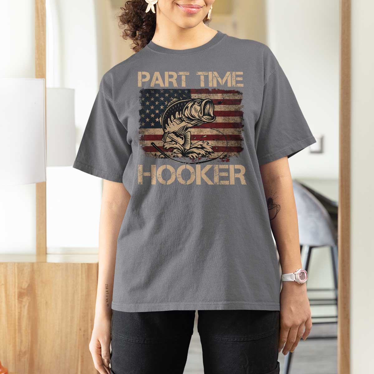 Part Time Hooker T Shirt For Women Funny Fishing USA Flag Patriotic Fisherman