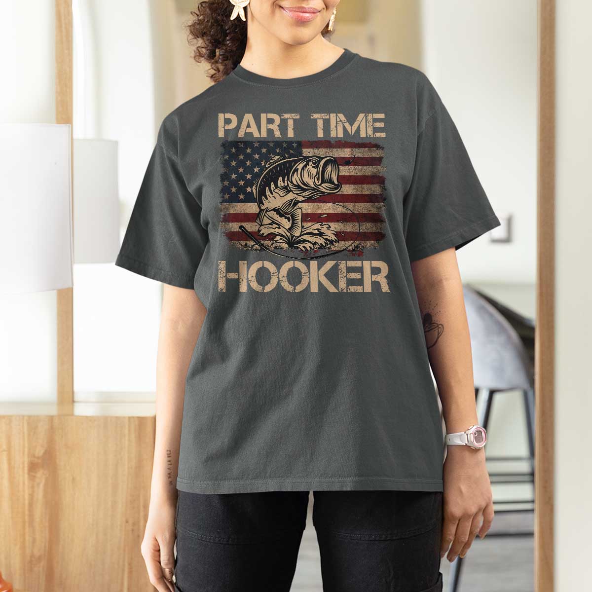 Part Time Hooker T Shirt For Women Funny Fishing USA Flag Patriotic Fisherman
