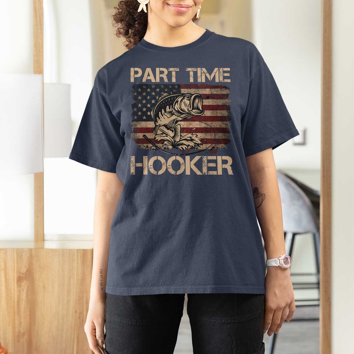 Part Time Hooker T Shirt For Women Funny Fishing USA Flag Patriotic Fisherman