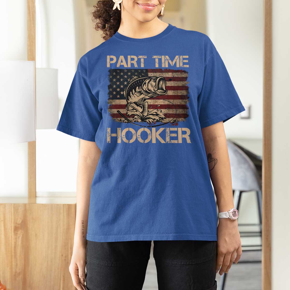 Part Time Hooker T Shirt For Women Funny Fishing USA Flag Patriotic Fisherman