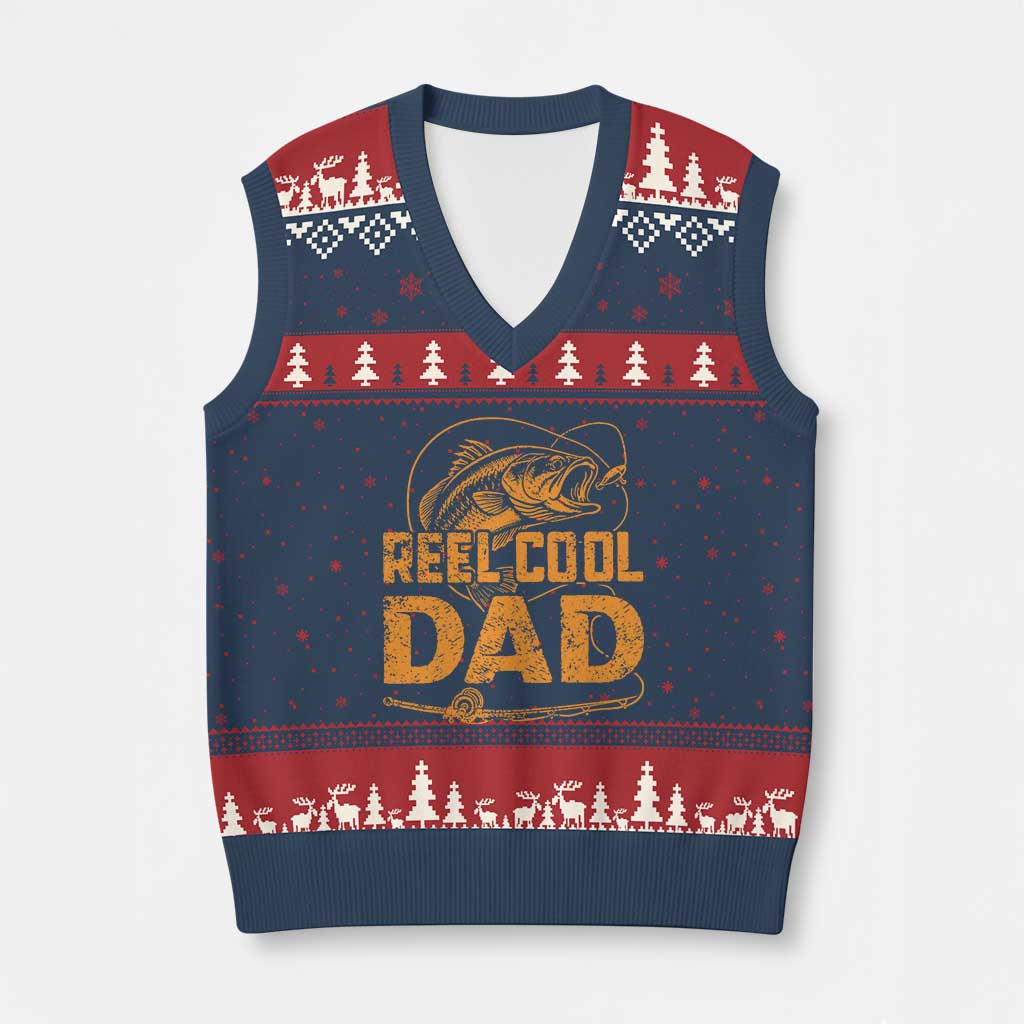 Reel Cool Dad V-Neck Knit Sweater Vest Funny Fishing Fisherman Fathers Day