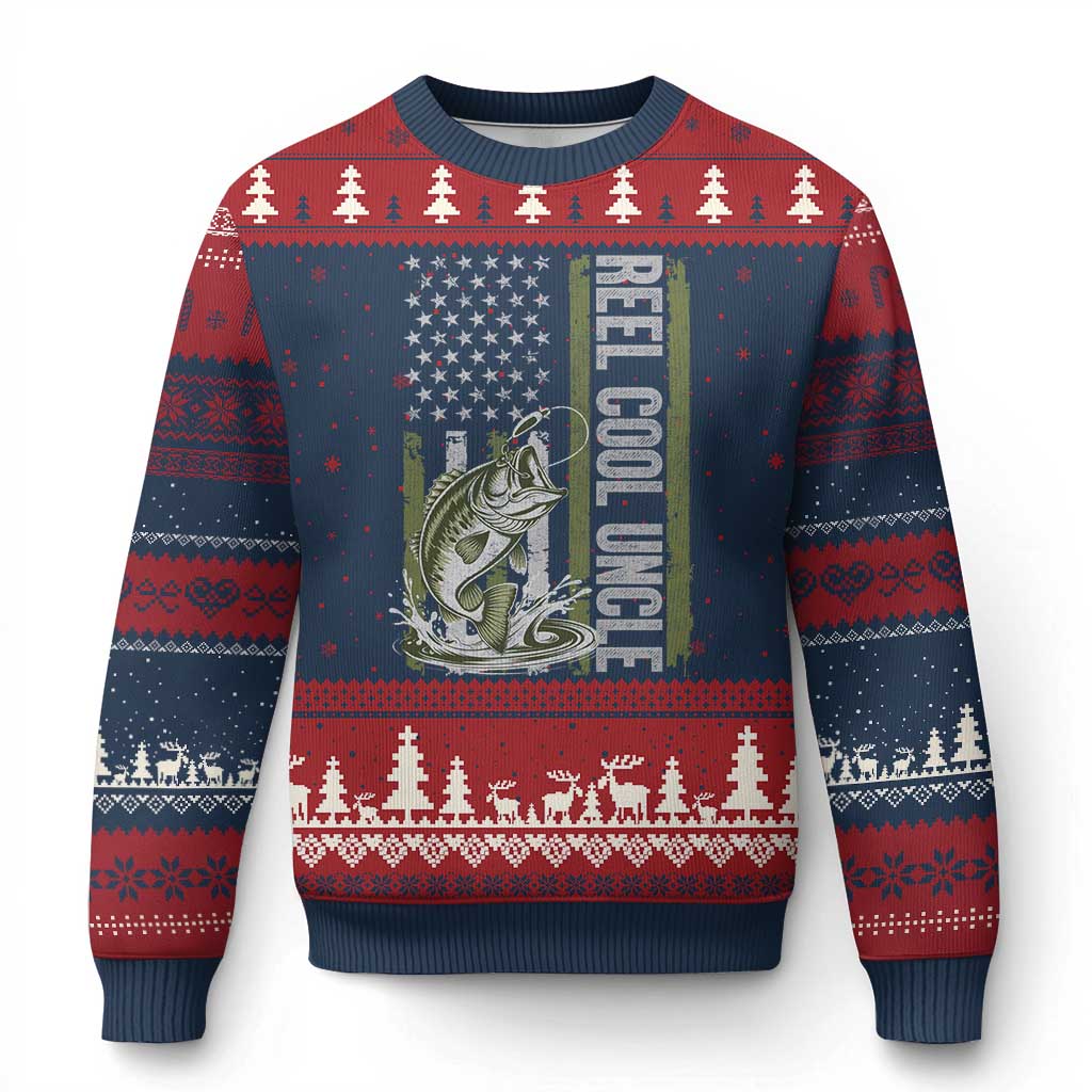 Uncle Fishing Ugly Christmas Sweater Reel Cool Uncle Fisherman US Flag