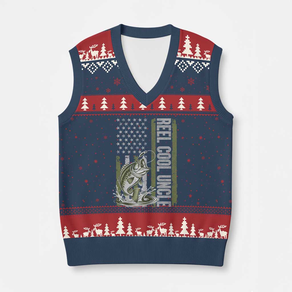 Uncle Fishing V-Neck Knit Sweater Vest Reel Cool Uncle Fisherman US Flag