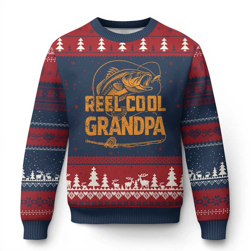Reel Cool Grandpa Ugly Christmas Sweater Funny Fishing Fisherman Fathers Day
