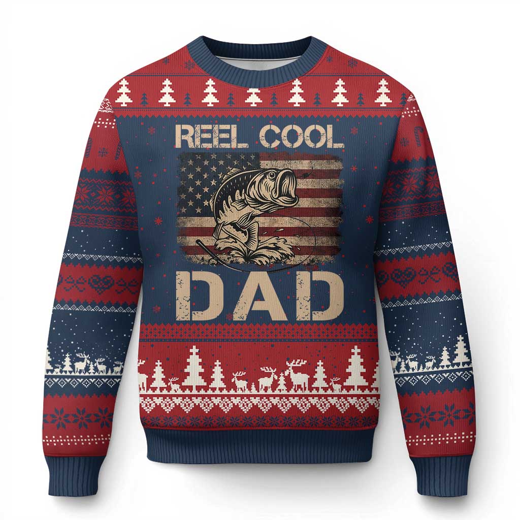 Reel Cool Dad Ugly Christmas Sweater Funny Fishing USA Flag Patriotic Fisherman Fathers Day
