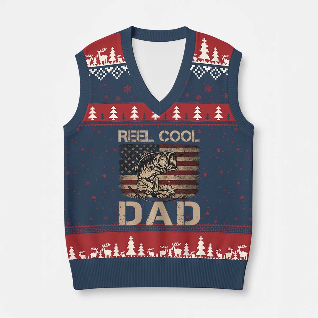 Reel Cool Dad V-Neck Knit Sweater Vest Funny Fishing USA Flag Patriotic Fisherman Fathers Day