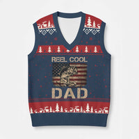Reel Cool Dad V-Neck Knit Sweater Vest Funny Fishing USA Flag Patriotic Fisherman Fathers Day