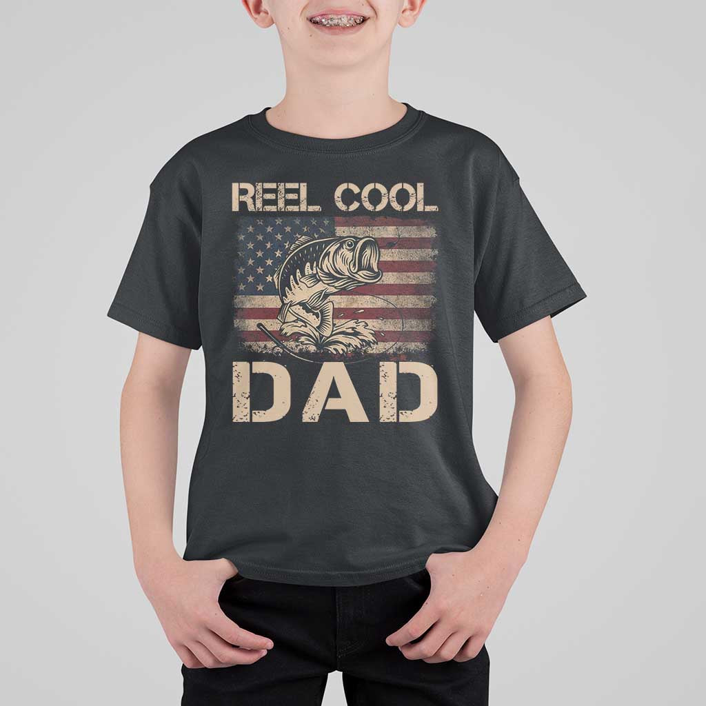 Reel Cool Dad T Shirt For Kid Funny Fishing USA Flag Patriotic Fisherman Fathers Day