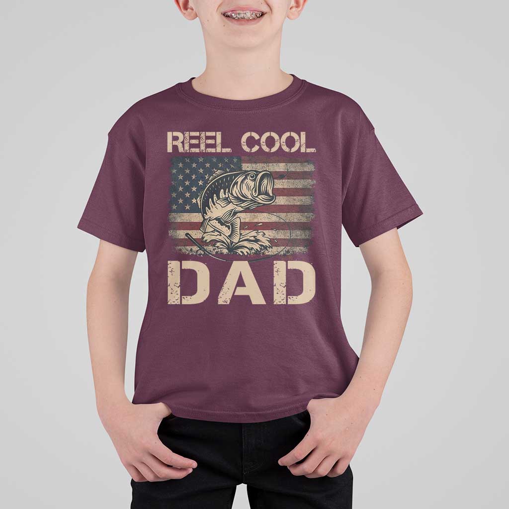 Reel Cool Dad T Shirt For Kid Funny Fishing USA Flag Patriotic Fisherman Fathers Day