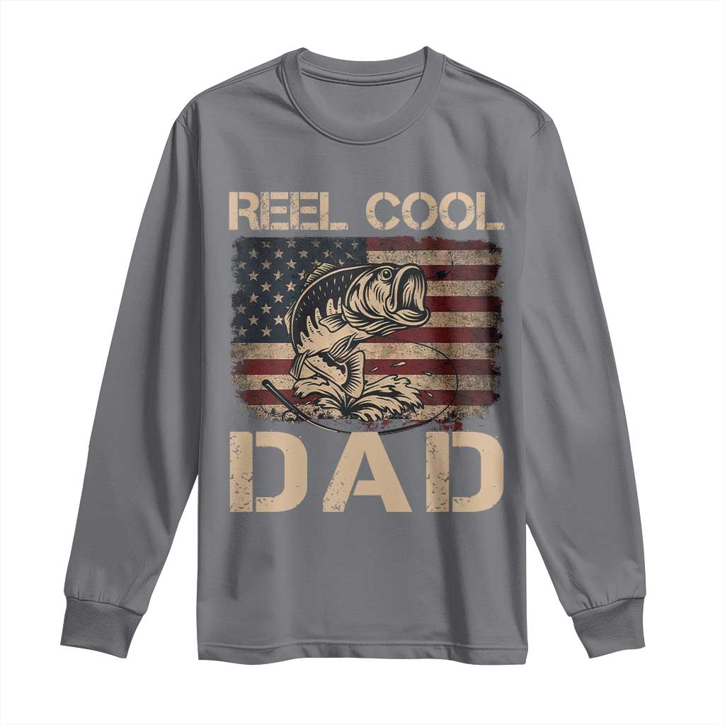 Reel Cool Dad Long Sleeve Shirt Funny Fishing USA Flag Patriotic Fisherman Fathers Day