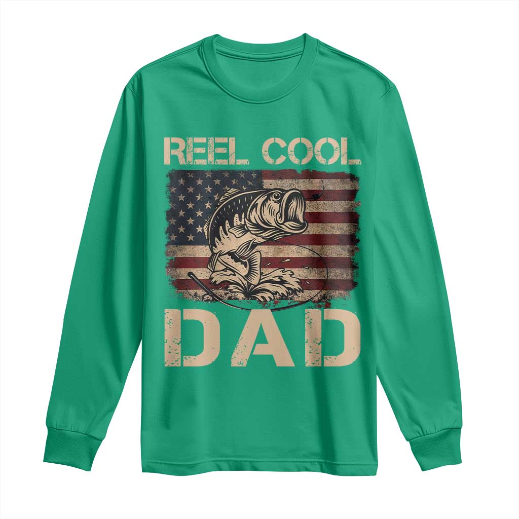 Reel Cool Dad Long Sleeve Shirt Funny Fishing USA Flag Patriotic Fisherman Fathers Day