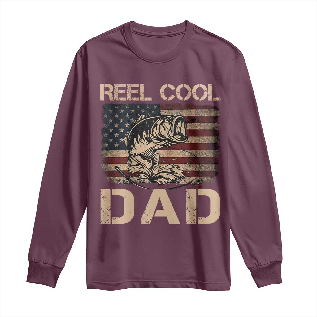 Reel Cool Dad Long Sleeve Shirt Funny Fishing USA Flag Patriotic Fisherman Fathers Day