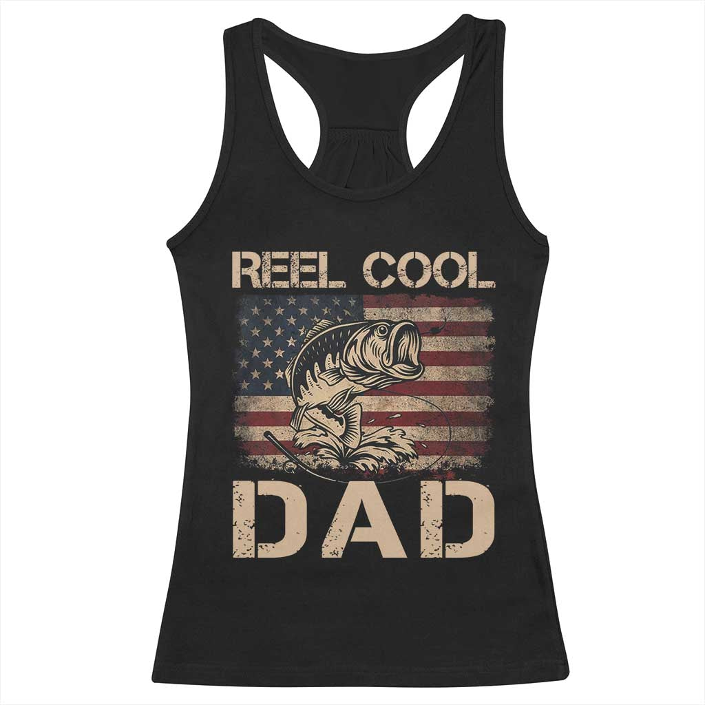 Reel Cool Dad Racerback Tank Top Funny Fishing USA Flag Patriotic Fisherman Fathers Day