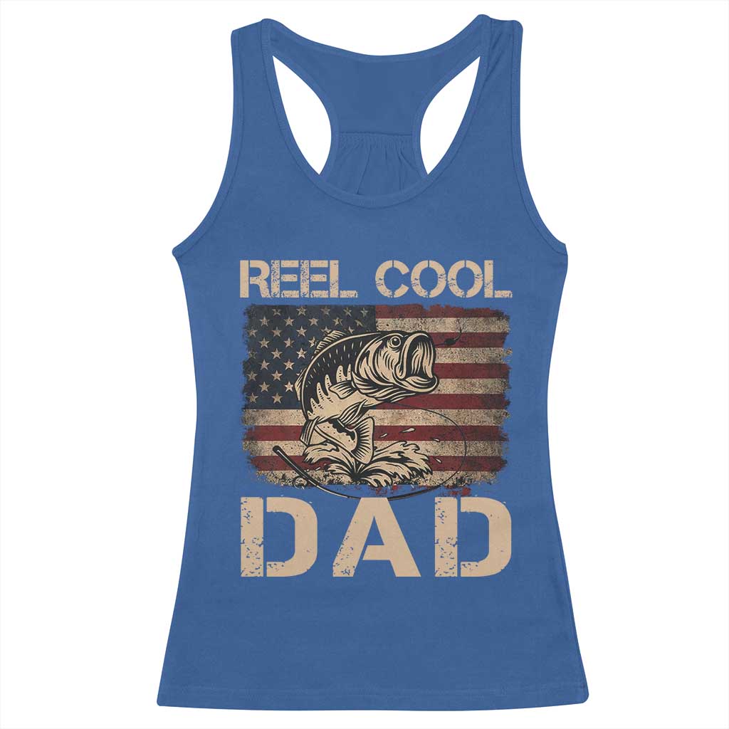 Reel Cool Dad Racerback Tank Top Funny Fishing USA Flag Patriotic Fisherman Fathers Day