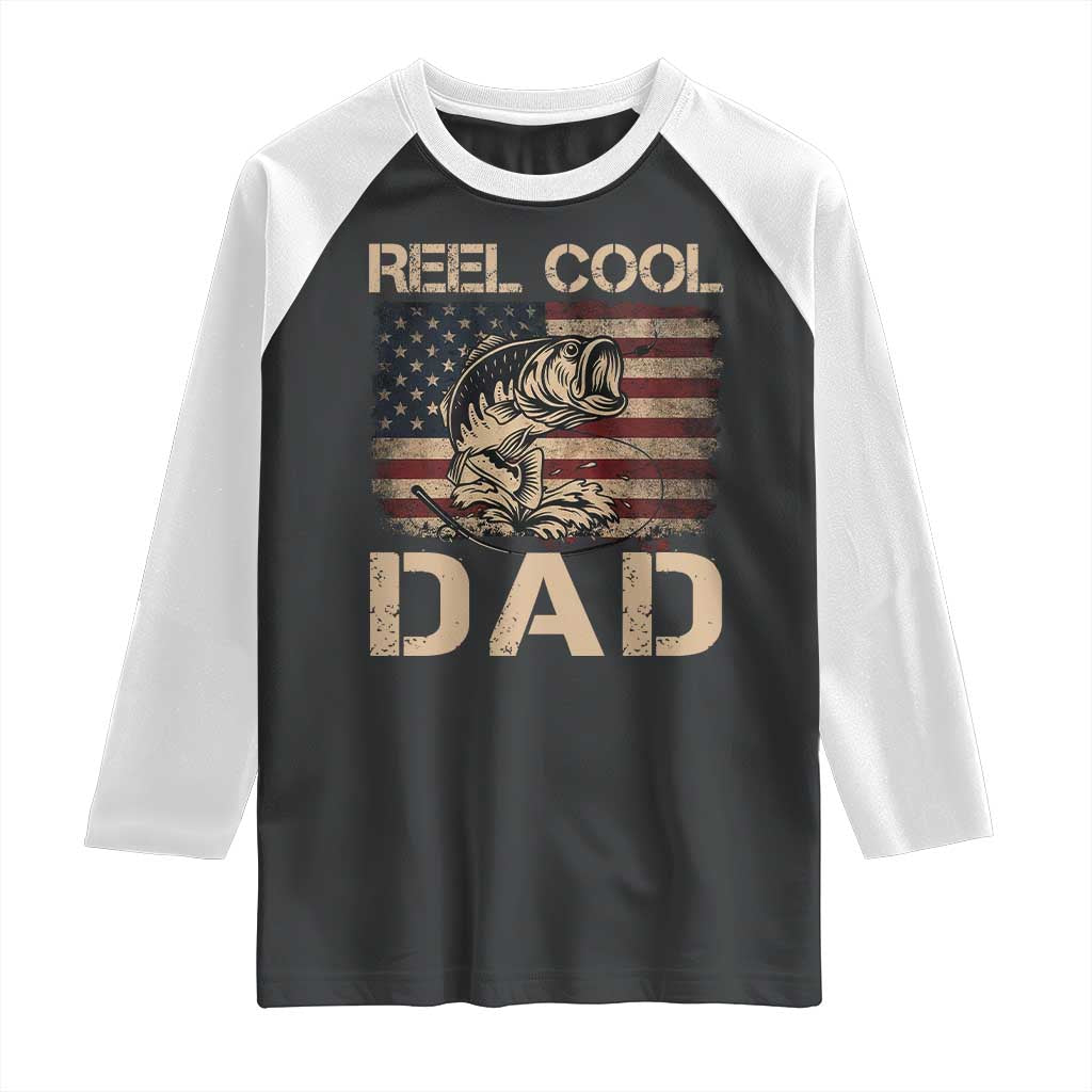 Reel Cool Dad Raglan Shirt Funny Fishing USA Flag Patriotic Fisherman Fathers Day