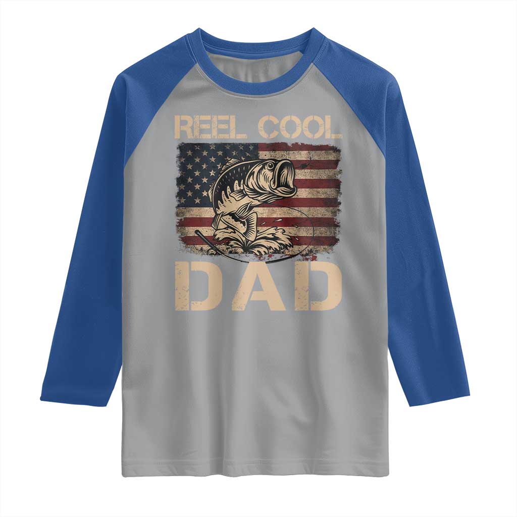 Reel Cool Dad Raglan Shirt Funny Fishing USA Flag Patriotic Fisherman Fathers Day