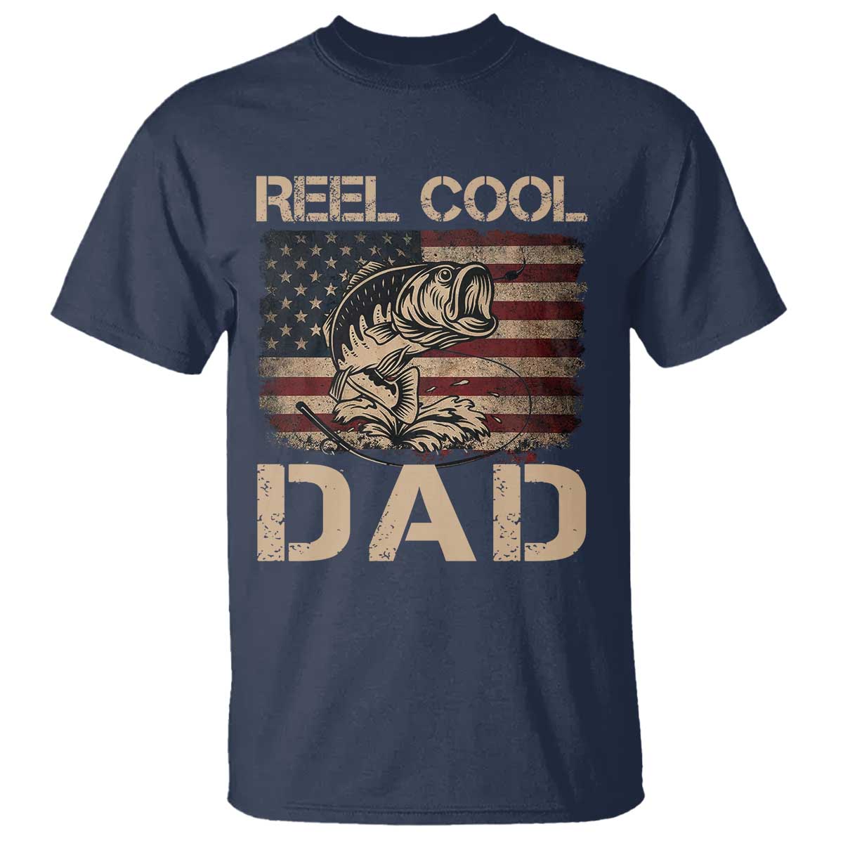 Reel Cool Dad T Shirt Funny Fishing USA Flag Patriotic Fisherman Fathers Day