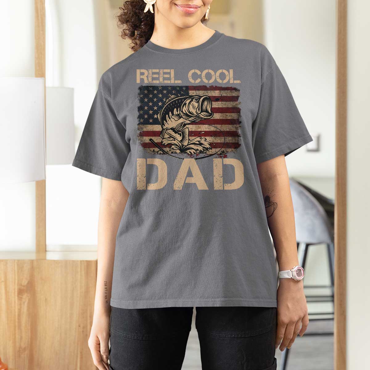 Reel Cool Dad T Shirt For Women Funny Fishing USA Flag Patriotic Fisherman Fathers Day