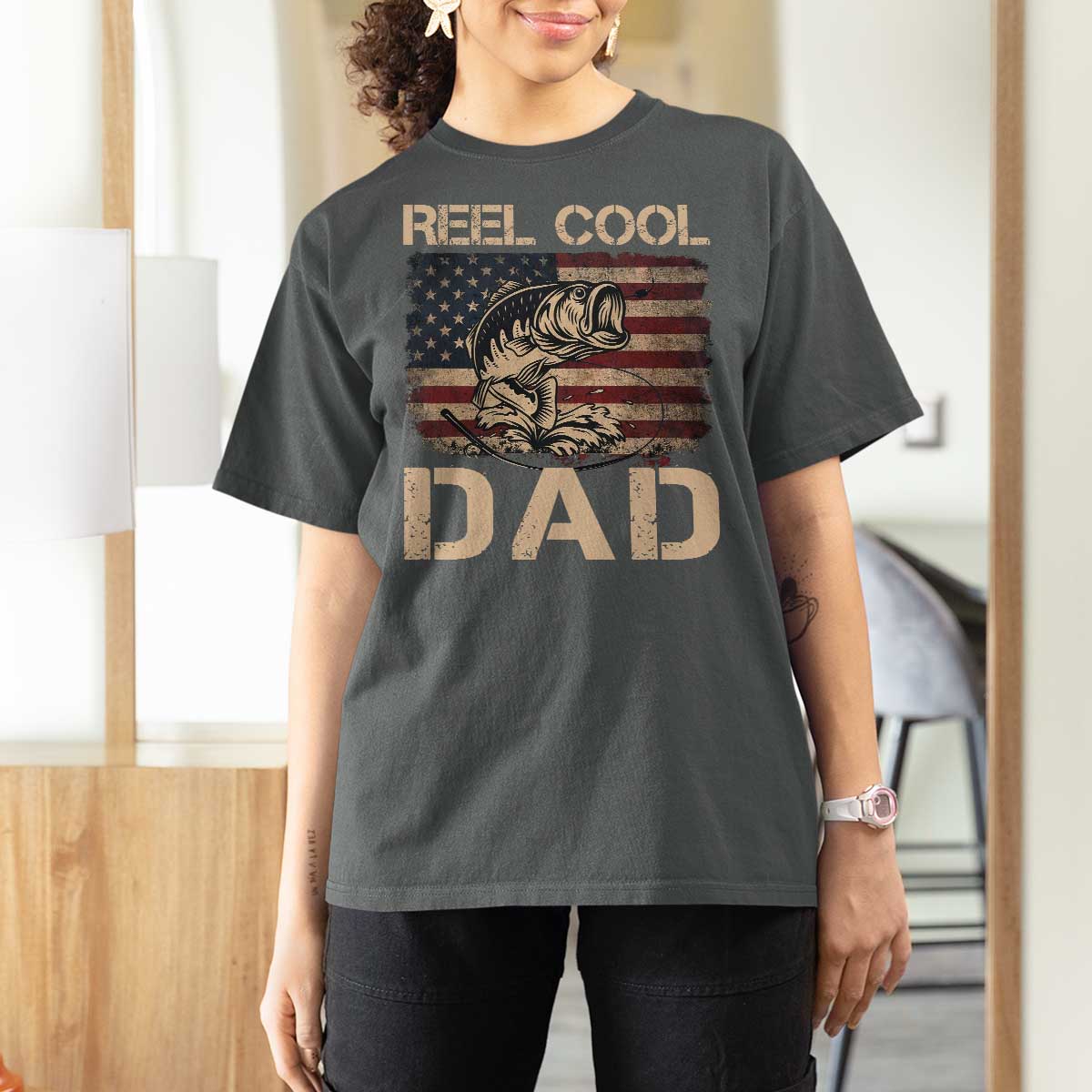 Reel Cool Dad T Shirt For Women Funny Fishing USA Flag Patriotic Fisherman Fathers Day