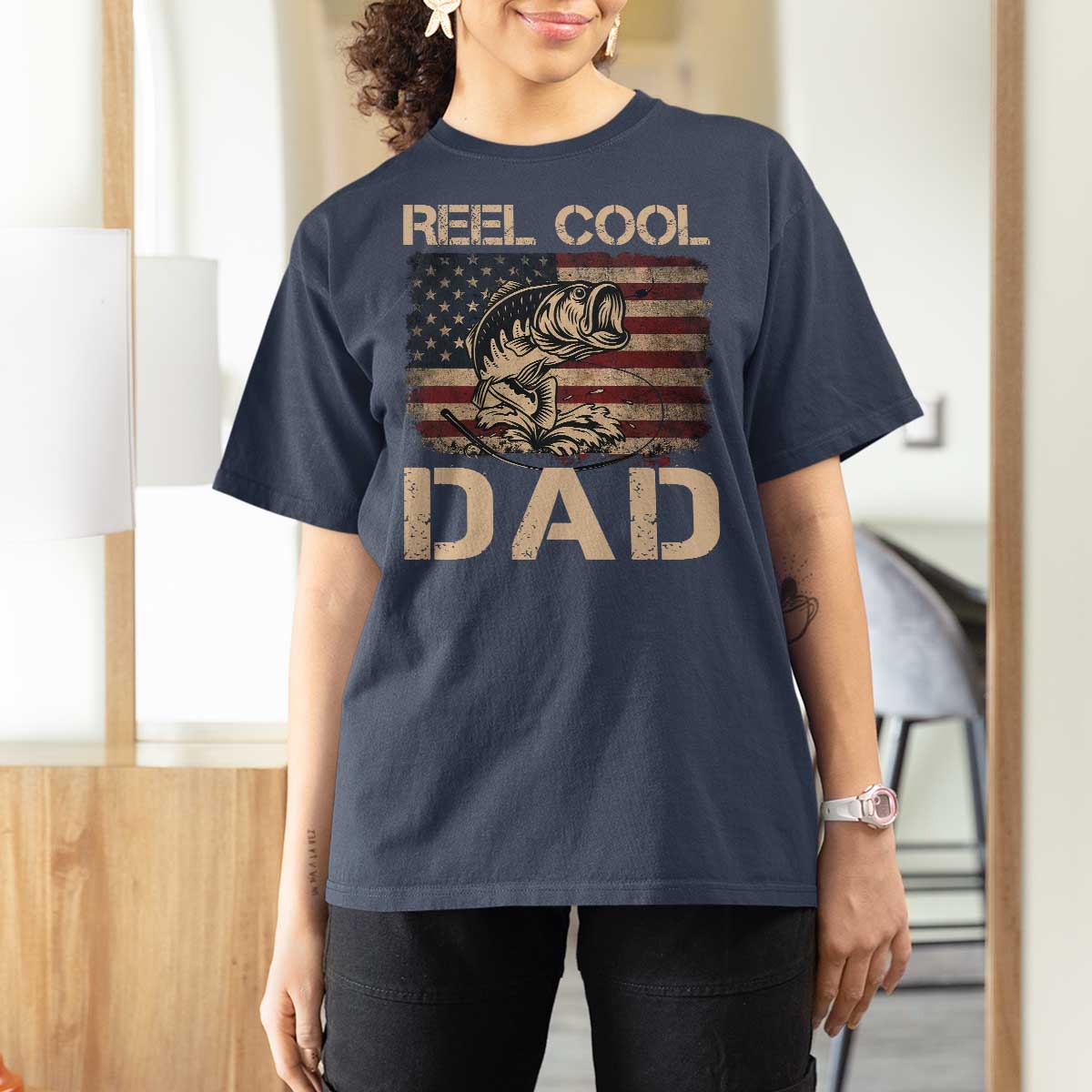 Reel Cool Dad T Shirt For Women Funny Fishing USA Flag Patriotic Fisherman Fathers Day