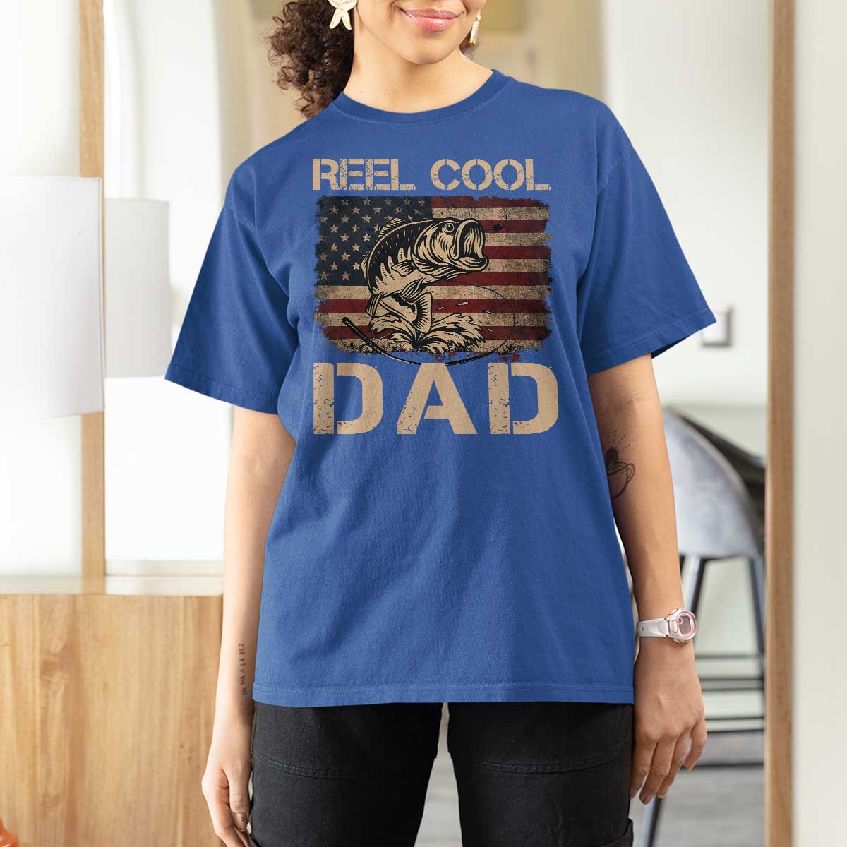 Reel Cool Dad T Shirt For Women Funny Fishing USA Flag Patriotic Fisherman Fathers Day