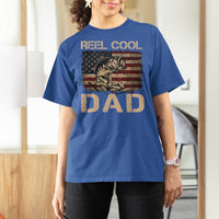 Reel Cool Dad T Shirt For Women Funny Fishing USA Flag Patriotic Fisherman Fathers Day