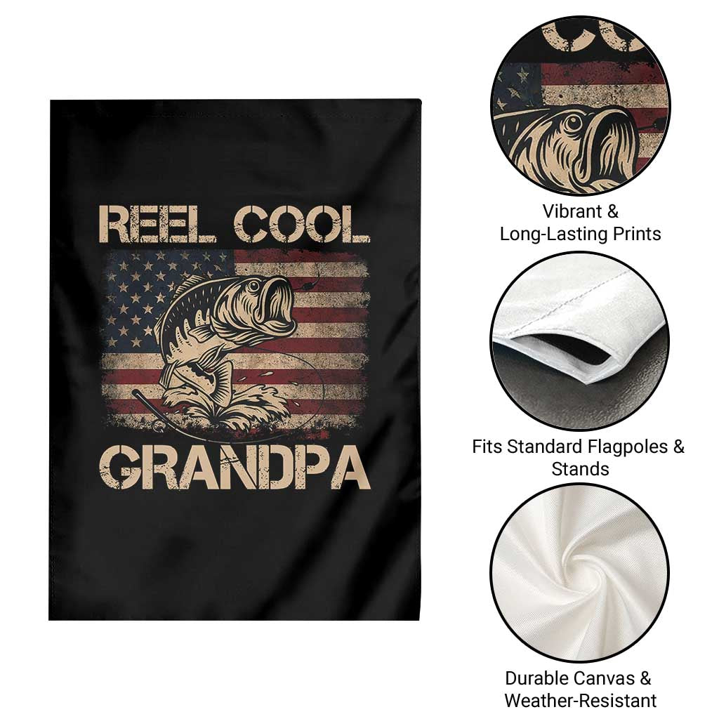 Reel Cool Grandpa Garden Flag Funny Fishing USA Flag Patriotic Fisherman Fathers Day
