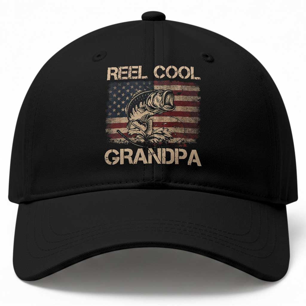 Reel Cool Grandpa Baseball Cap Funny Fishing USA Flag Patriotic Fisherman Fathers Day