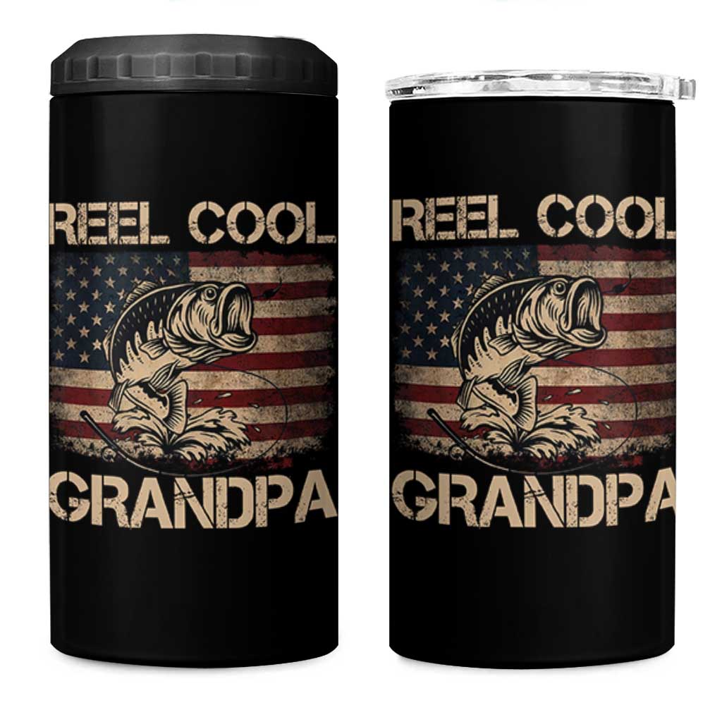 Reel Cool Grandpa 4 in 1 Can Cooler Tumbler Funny Fishing USA Flag Patriotic Fisherman Fathers Day